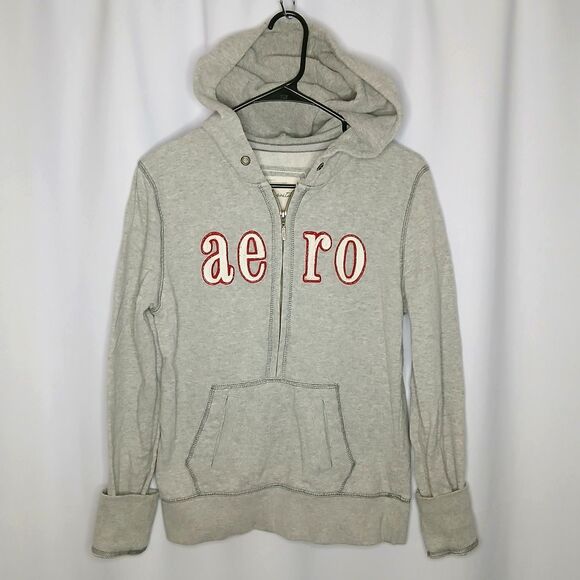 Aeropostale Half Zip Hoodie Vintage Fleece Sweatshirt Top Gray Y2K sz: Large - Picture 1 of 6